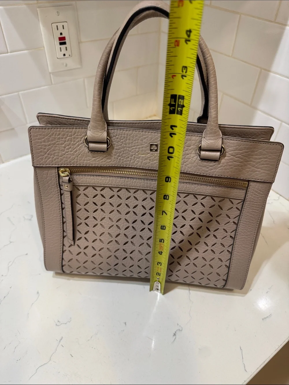 kate spade Taupe Perri Lane Perforated Leather Satchel with Gold Hardware